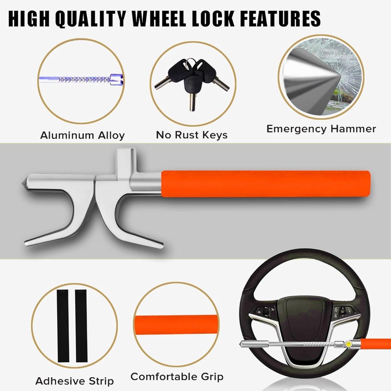 KalraMay Steering Wheel Lock Anti-Theft Device,Car Steering Wheel Lock with Adjustable Features and Safety Hammer，Suitable for All Cars（Orange） - Image 4